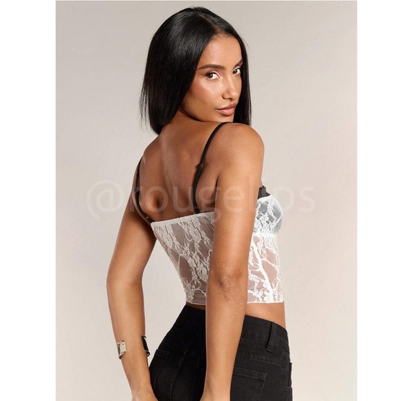 White Lace on Black Bra Crop Bustier Top Sheer - Picture 5 of 8
